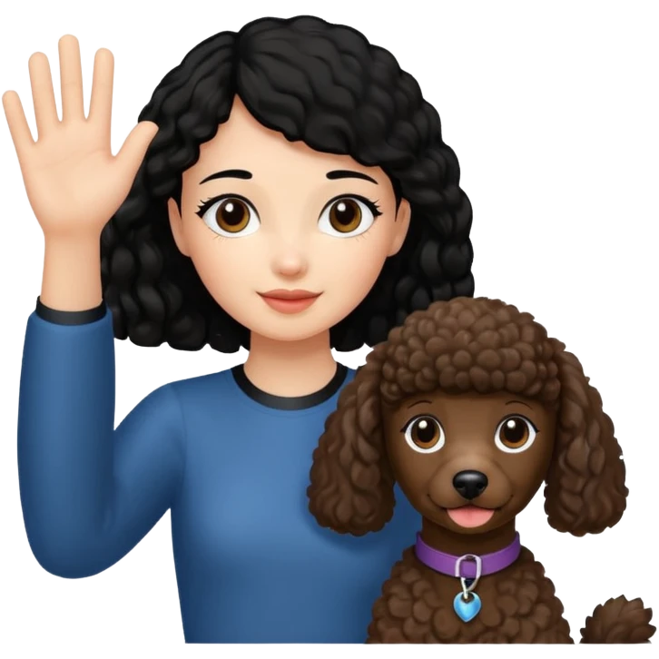 Ponytail black hair girl with brown Poodle say goodbye  emoji
