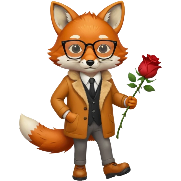 a fox with glasses, walking with shoes on and raining on him, also a dead rose in his hands and he's sad emoji