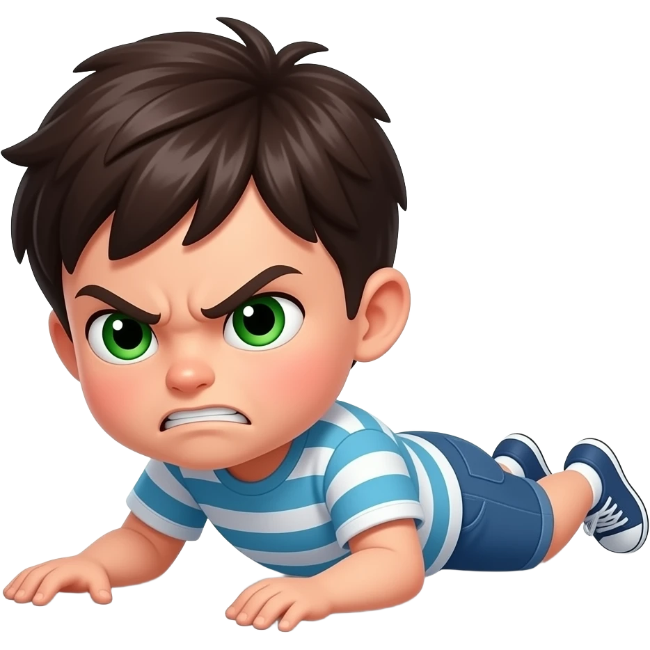 Little slim dark haïr boy with green eyes lying very angry on the floor emoji
