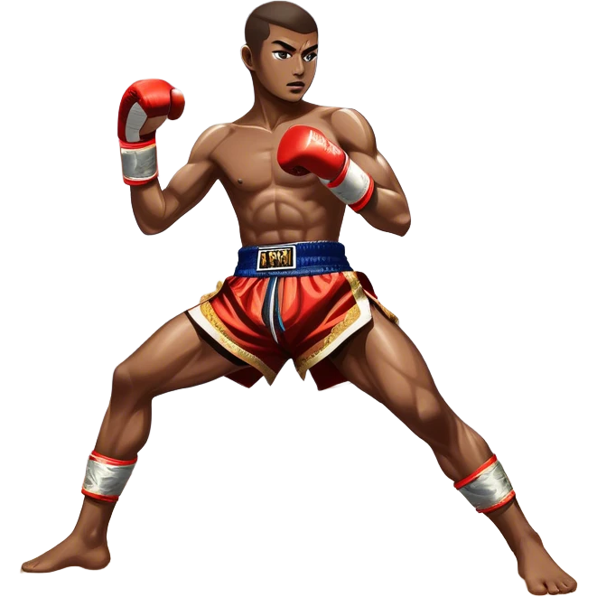 Muay Thai traditional – Cinematic Realistic Traditional Muay Thai Fighter, depicted in authentic Muay Thai attire with arm bands and shorts, poised in a dynamic fighting stance in a traditional Thai stadium, rendered with vivid textures and dramatic, high-contrast lighting that accentuates the art’s intensity. emoji