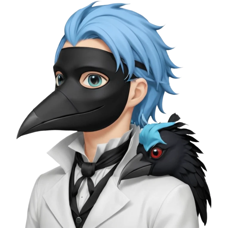 Handsome sexy adult anime man with light-blue hair and a black bird beak mask that covers whole face, black face mask, black mouth mask, black feathers draped over shoulder, wearing a white lab coat, long thin hair tendrils on the sides, with a mechanical raven sidekick, blue cravat, red eyes emoji