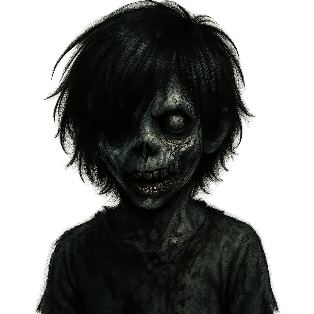 boy zombie with black medium-long emo shaggy hair, dark and spooky, creepy expression emoji