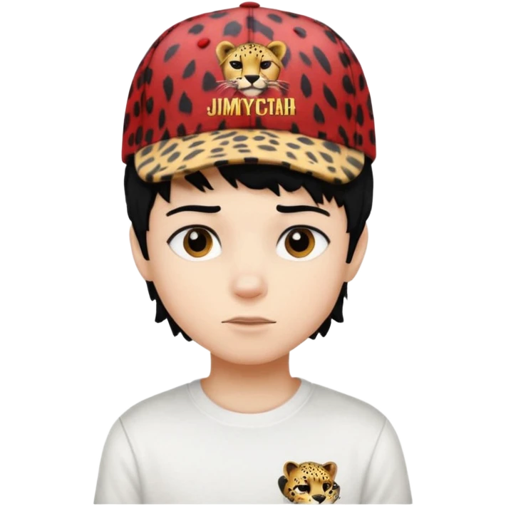 Boy with black hair and a cap that has the phrase #jimmy written on it with cheetah print texture, and white shirt emoji emo emoji