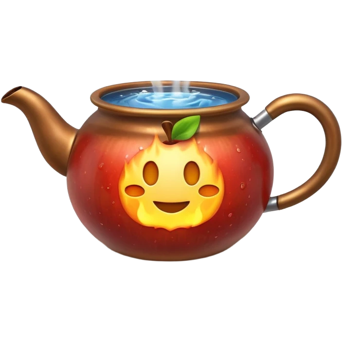 Ultra detailed 3D Apple-style emoji of a small pot or kettle filled with water placed on fire, the water is boiling intensely with visible steam and bubbles rising, bright lighting, clean white background, high-quality realistic emoji rendering. emoji