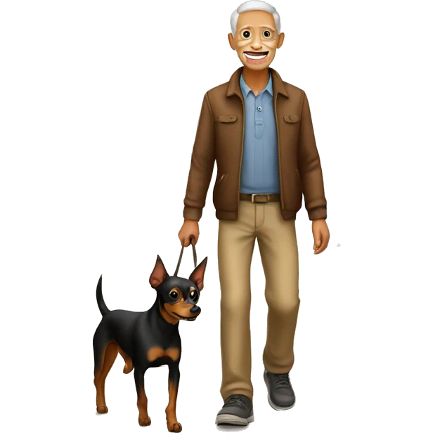Brown Miniature Pinscher walking with grandpa emoji