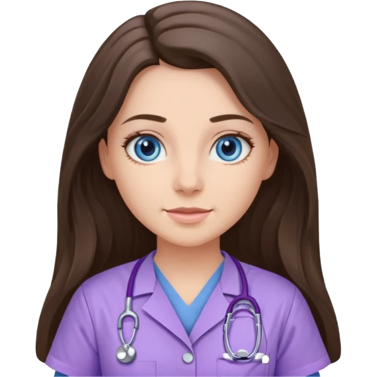 pretty brunette nurse with long hair and blue eyes in lilac scrubs emoji