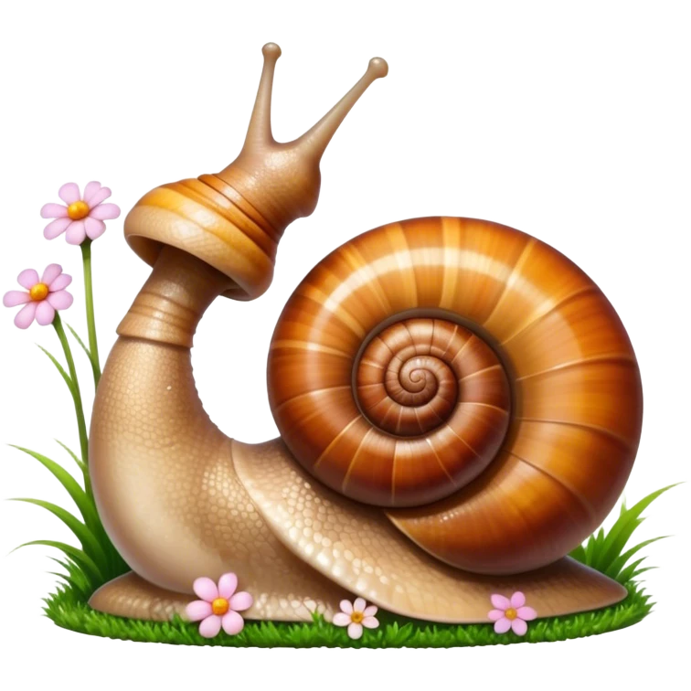 Close-up of large home snails inside a terrarium, showcasing their soft, spiral shells and glistening bodies, with a gentle light highlighting their details. With stones and grass and flowers. Transparent background. emoji