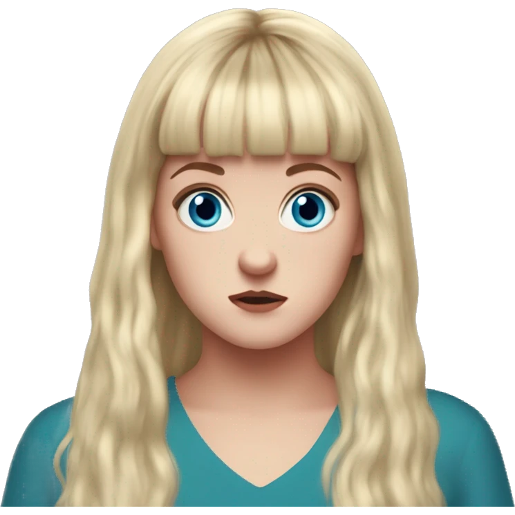 Claire Devlin Derry girls Long blonde hair with bangs/fringe, blue eyes looks scared emoji