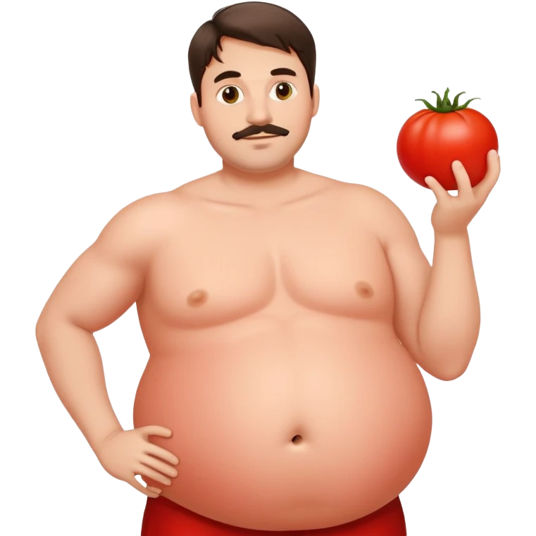man with a large red tomato as his belly emoji