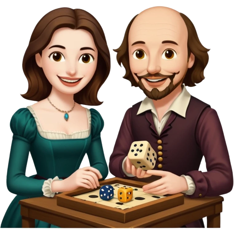 Can you make an emoji of William Shakespeare and Anne Hathaway (his wife-1582) playing Yahtzee  emoji