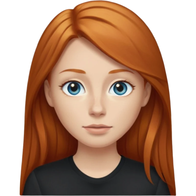 Ginger head woman with long hair and lightblue eyes, straight nose, almond eyes, black shirt,  emoji