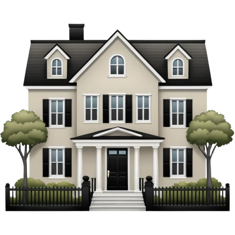 greige colonial house with black shutters and black front door and black railings. emoji