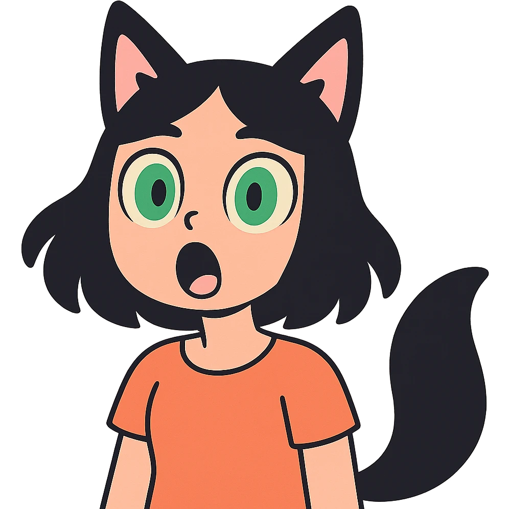 a surprised girl with huge green eyes, black fox ears, and a tail, dark hair emoji