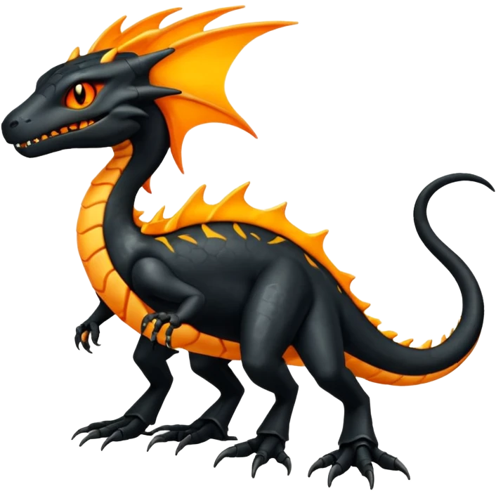Magmatic fiery badass cool obsidian-Black and golden-orange Helioptile-Amaura-Salandit-Fakémon-hybrid-creature (full body)  emoji