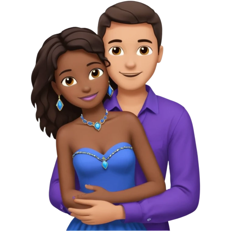 Tan tall brunette European male in blue shirt smiling and hugging a jet black African girl in purple strapless dress and blue jewelry they are on a beach with blue ocean water and palm trees emoji