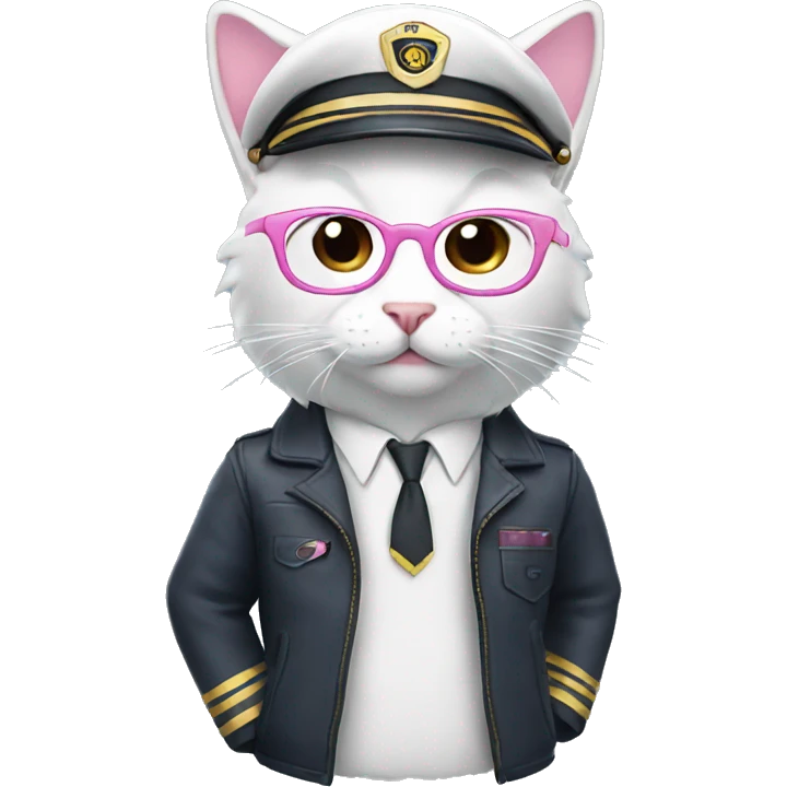 White and pink cat with glasses pilot emoji
