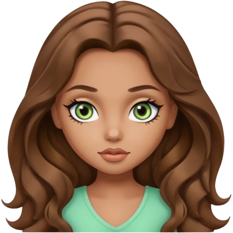 pretty bratz girl, long wavy brown hair, pale green eyes, black eyeliner, tan skin emoji