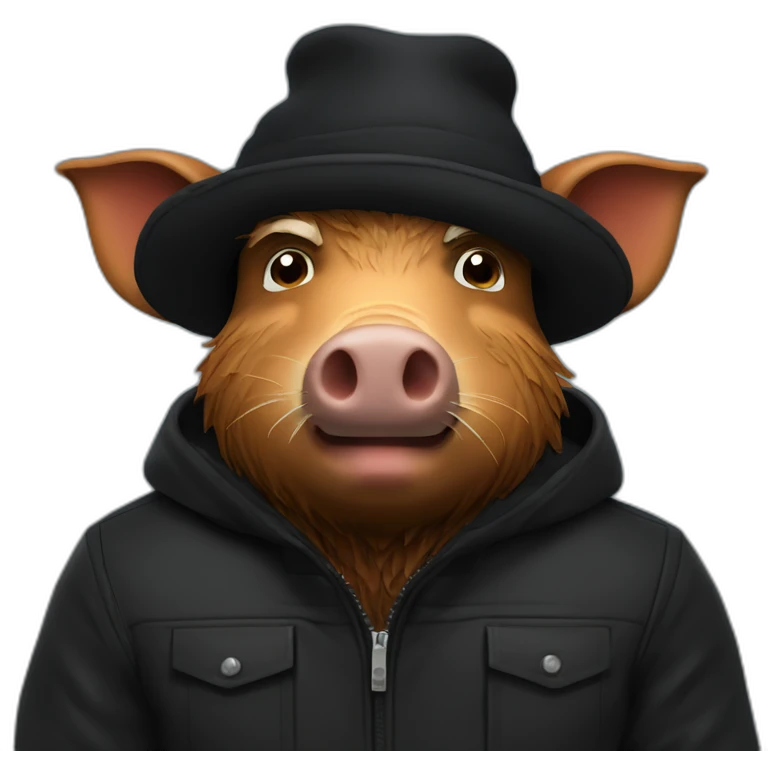 fullface wild tired brown boar with stubble in a black jacket and a black winter hat emoji