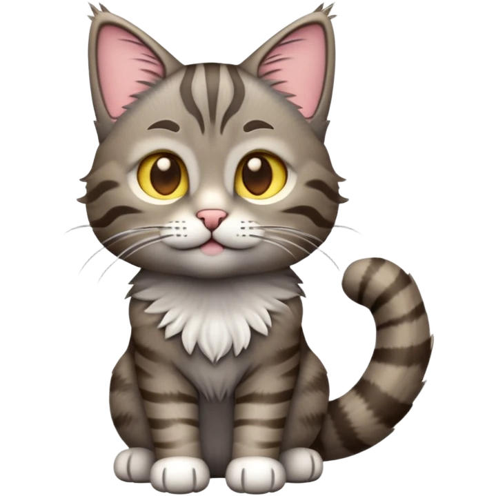cinematic-[grey brown tabby cat]-realistic-emoji,-tail-curled-playfully-around-its-paws,-head-tilted-dramatically,-scruffy-[grey]-fur,-simplified-yet-realistic-focused-features,-highly-detailed,-glowing-with-an-almost-sarcastic-glow emoji
