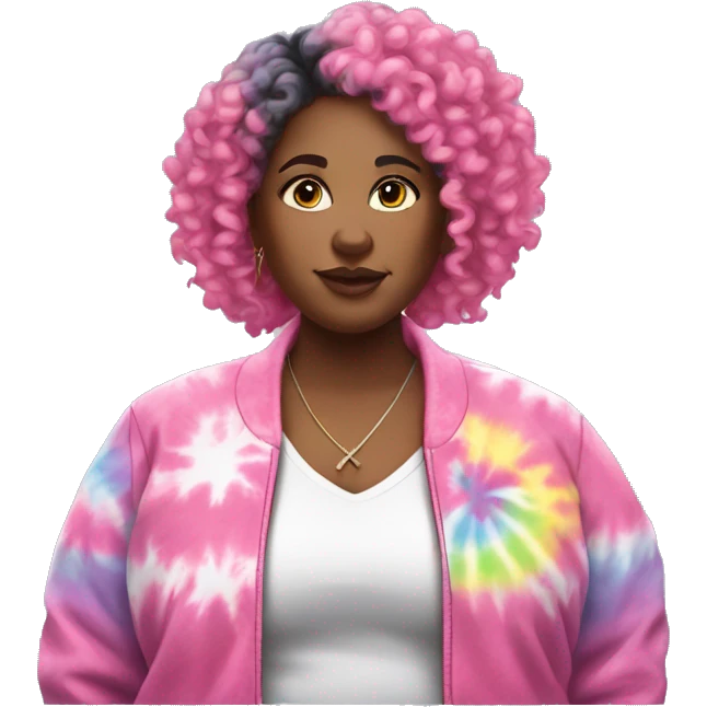Pretty Plus size black woman with pink curly hair and a tie dye jacket  emoji