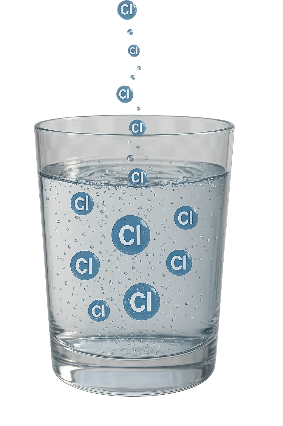 un bicchiere di acqua realistico e dettagliato fluttua in aria, dentro l'acqua del bicchiere ci sono particelle di cloro ben visibili con la scritta "Cl" sopra, ci sono particelle anche che escono dal bicchiere e fluttuano in aria verticalmente, mentre alcune sono all'interno dell'acqua nel bicchiere, iperrealistico 4k emoji