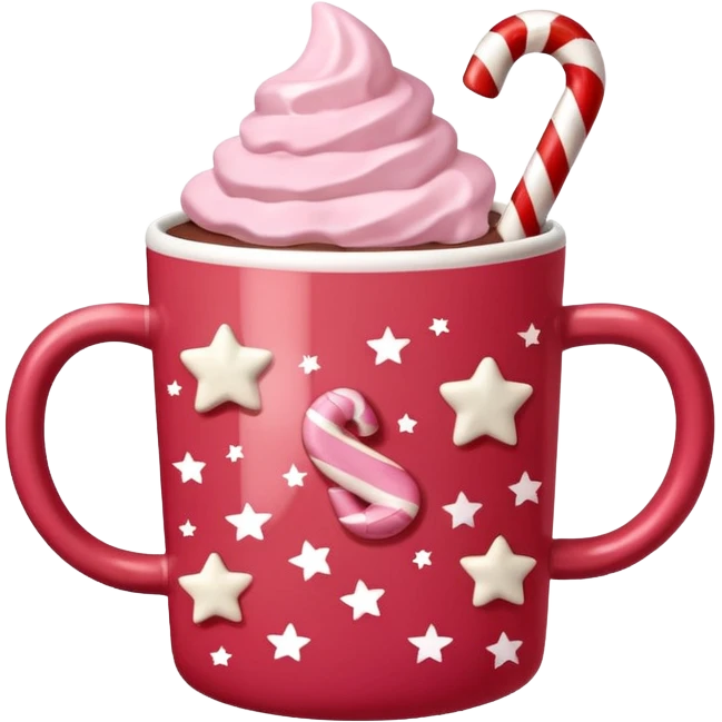 hot chocolate in red and pink pastel christmas mug with stars and candy cane, trendy aesthetic emoji