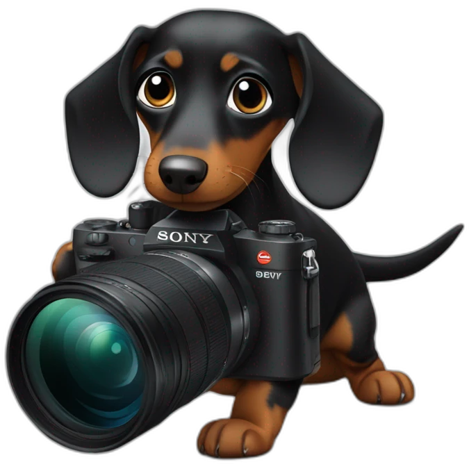 a black dachshund dog holds a SONY camera in its paws emoji