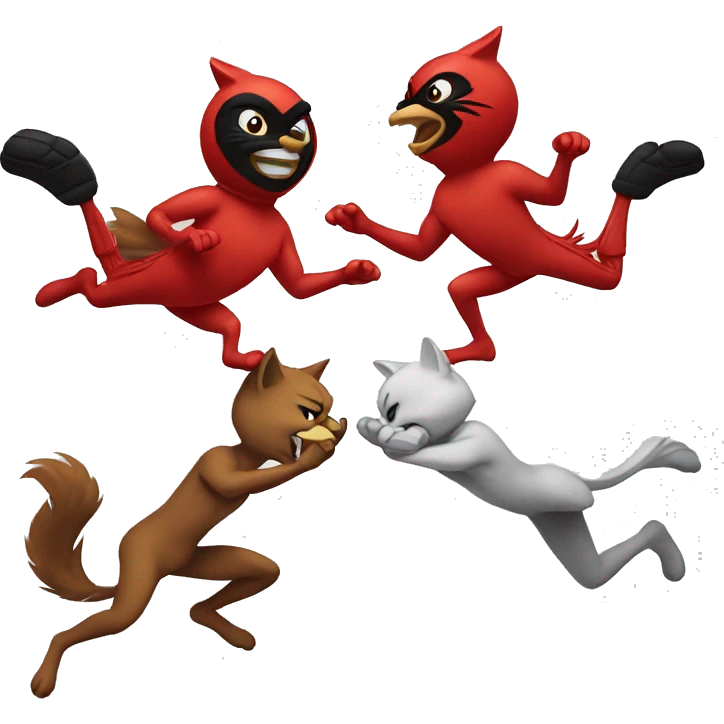 Cartoon cardinal kicking cartoon wildcat emoji