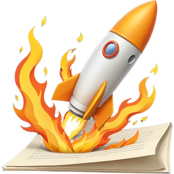 Rocket launching from stack of papers, fire trail, minimal flat design emoji