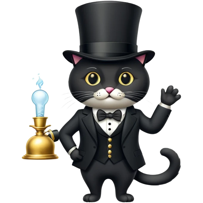 Black cat dressed like the monopoly man￼ emoji
