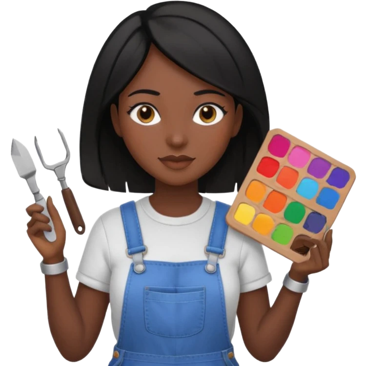 Créame emoji de una mujer que sea diseñadora industrial, pelo negra, piel morena, femenina con overol y una paleta de colores o herramientas de taller piel oscura chocolate  emoji