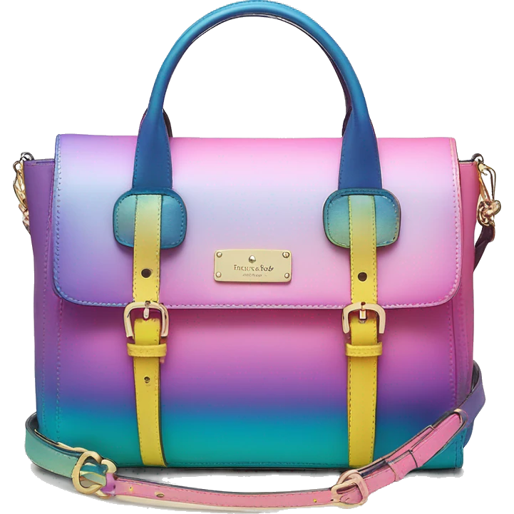 Realistic isolated blue ,teal ,pink , yellow and purple metallic ombre kate spade satchel purse.  emoji