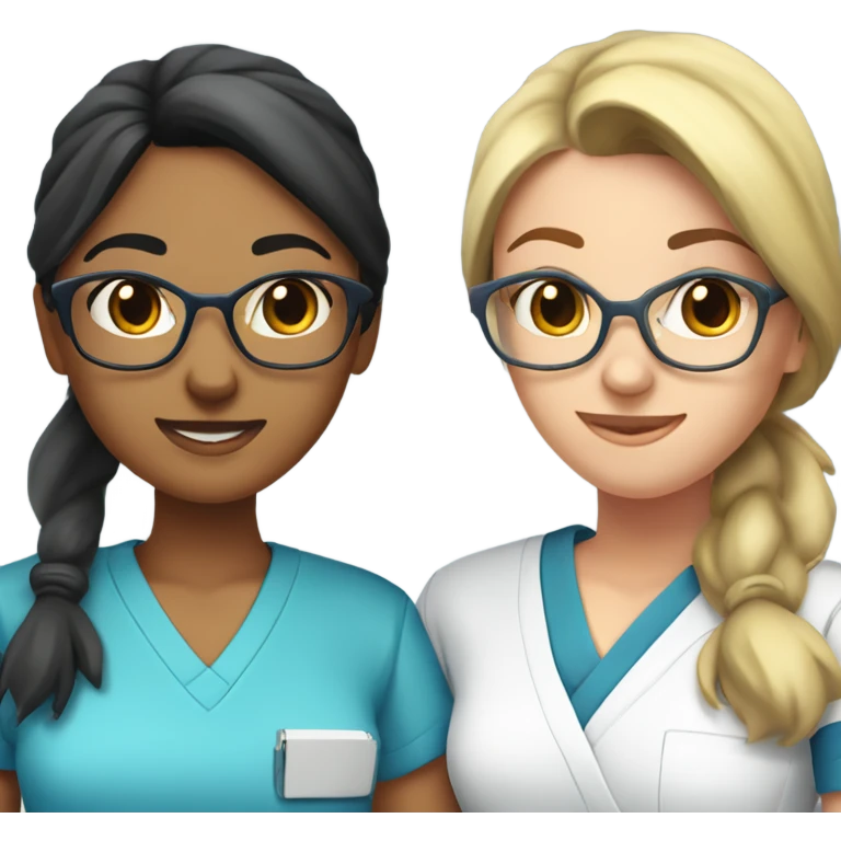 Two olive-toned Best friend nurses in blue scrubs. one girl has glasses with black hair in a pony tail. The other girl has long hair but no glasses emoji
