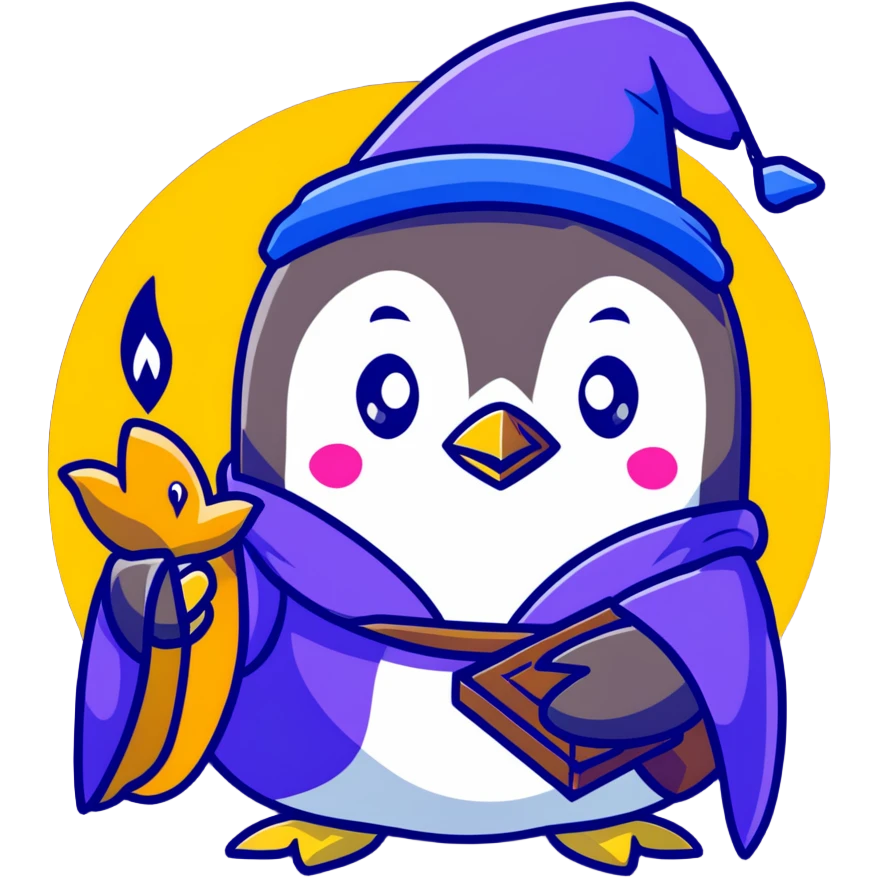 a cute penguin wearing a purple wizard robe and blue wizard hat, casting a spell emoji