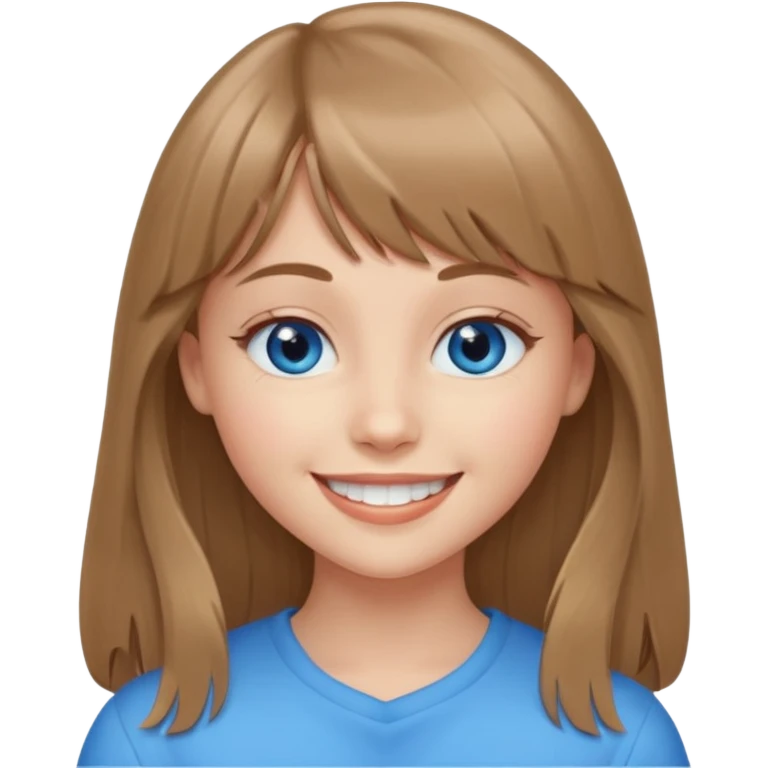 young female with heart shaped face, blue eyes, light brown long hair with bangs, smiling with straight teeth emoji