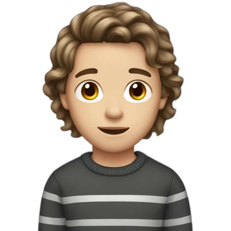 teenager boy brown long wavy hair and dark gray striped sweater emoji