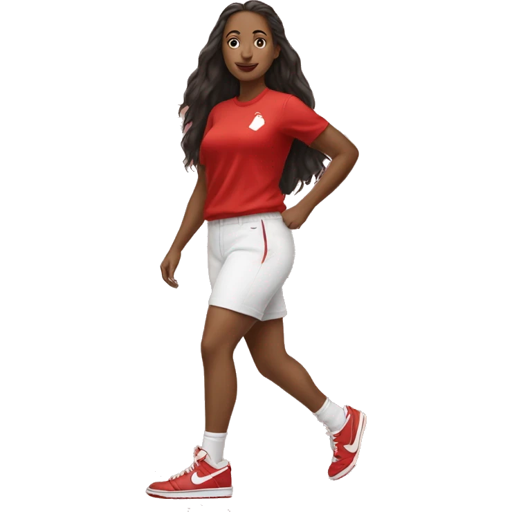 girl walking red shirt & red & white dunks nike emoji