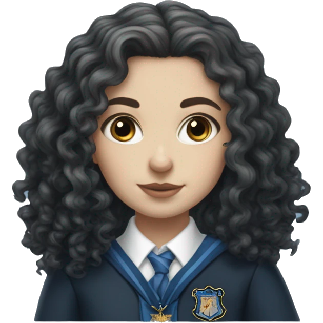 Hyper realistic White girl with long black curly hair wearing a ravenclaw school inform emoji
