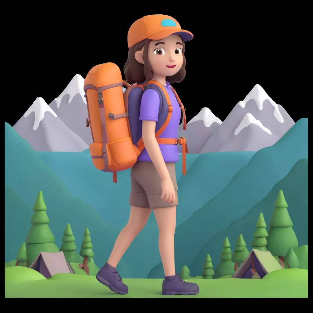 girl back packing mountains in background, close up pose emoji