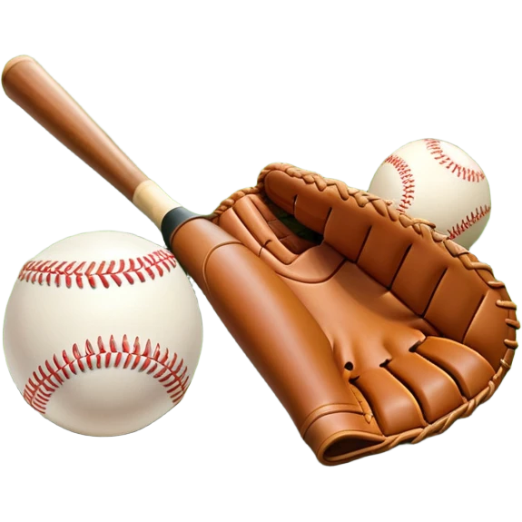 A baseball bat, ball, and glove placed on the grass of a baseball field, with the diamond and base lines clearly visible in the background. The scene captures the essence of the sport, with the equipment ready for action on the neatly marked field. emoji