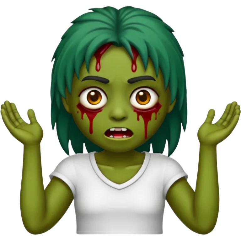 Emoji de uma garota zumbi com os cabelos longos, lisos e pretos. Ela usa uma franja curta que cobre toda a sua testa. Tem a pele esverdeada e ferimentos no rosto ultra-realista e cobertos com sangue, usa uma blusa branca rasgada e suja de poeira. emoji