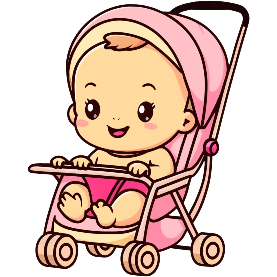happy baby sitting in a pink gradient and beige stroller emoji
