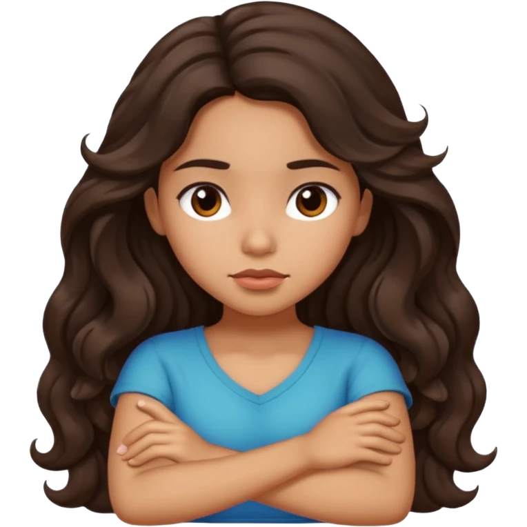 Hispanic girl with long dark brown wavy hair crossing her arms and slightly pouting emoji