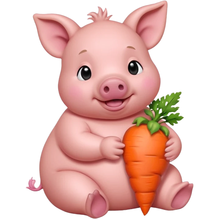 Baby Sitting Piglet – chubby piglet sitting down holding a toy carrot emoji