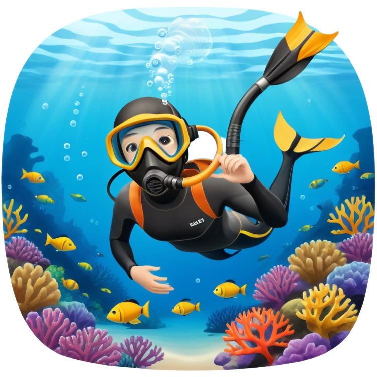 An icon featuring a close-up of a freediving mask and snorkel, with a breath-holding diver's fins, set against a vibrant underwater world. The design includes coral reefs, fish, and bubbles, symbolizing the serene beauty and thrill of freediving. Transparent background highlights the calm emoji