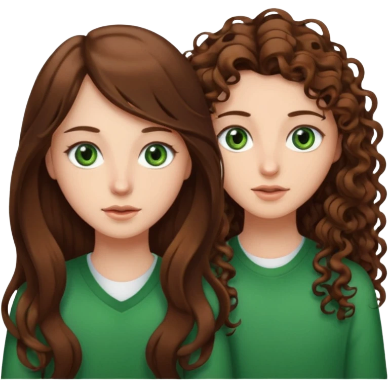 Two besties: 1: long straight brown hair, green eyes 2: long curly brown hair, brown eyes give them a judgy look emoji