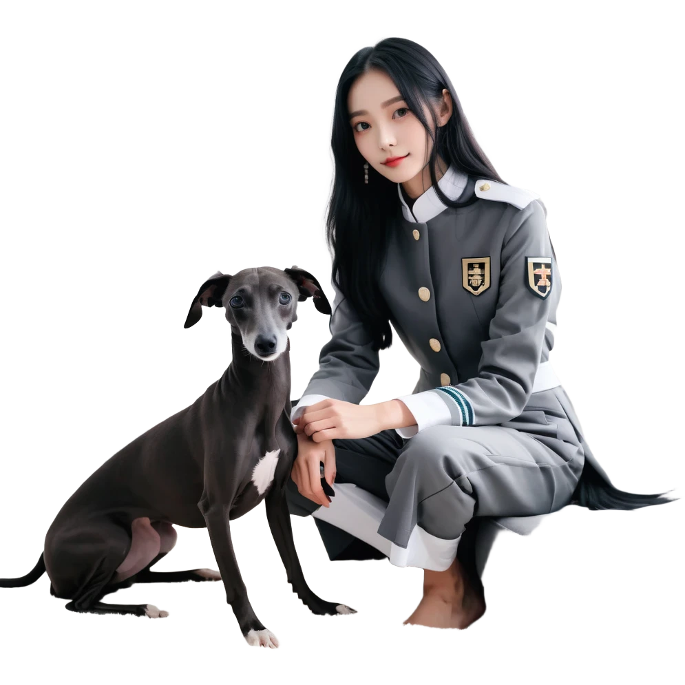 Slim Chinese girl with long black hair and her completely solid dark grey Italian greyhound in a cozy home setting, the dog has absolutely no white markings on face or nose, completely uniform grey color throughout emoji