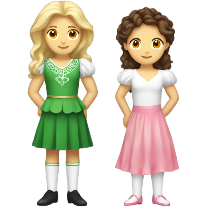a blonde Irish dancer with a pink dress and a brunette Irish dancer with a white and orange dress  emoji
