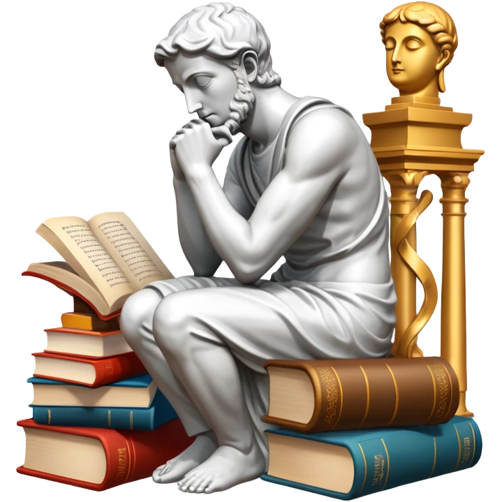 An icon featuring a thinker statue, a scroll, symbolizing philosophy. The design includes books and abstract symbols representing deep thought and wisdom. Transparent background highlights the study of ideas, logic, and existential questions emoji