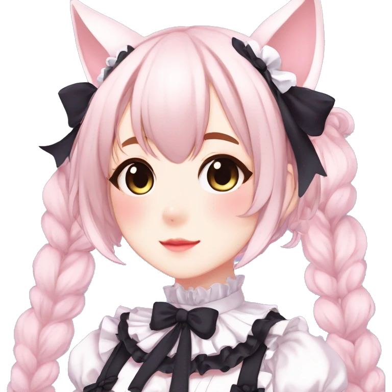 Gorgeous anime style catgirl with blushing face with maid outfit laces gothic Lolita idol model kawaiicore pastelcore cottagecore pearly petite simplistic aesthetic trending style emoji